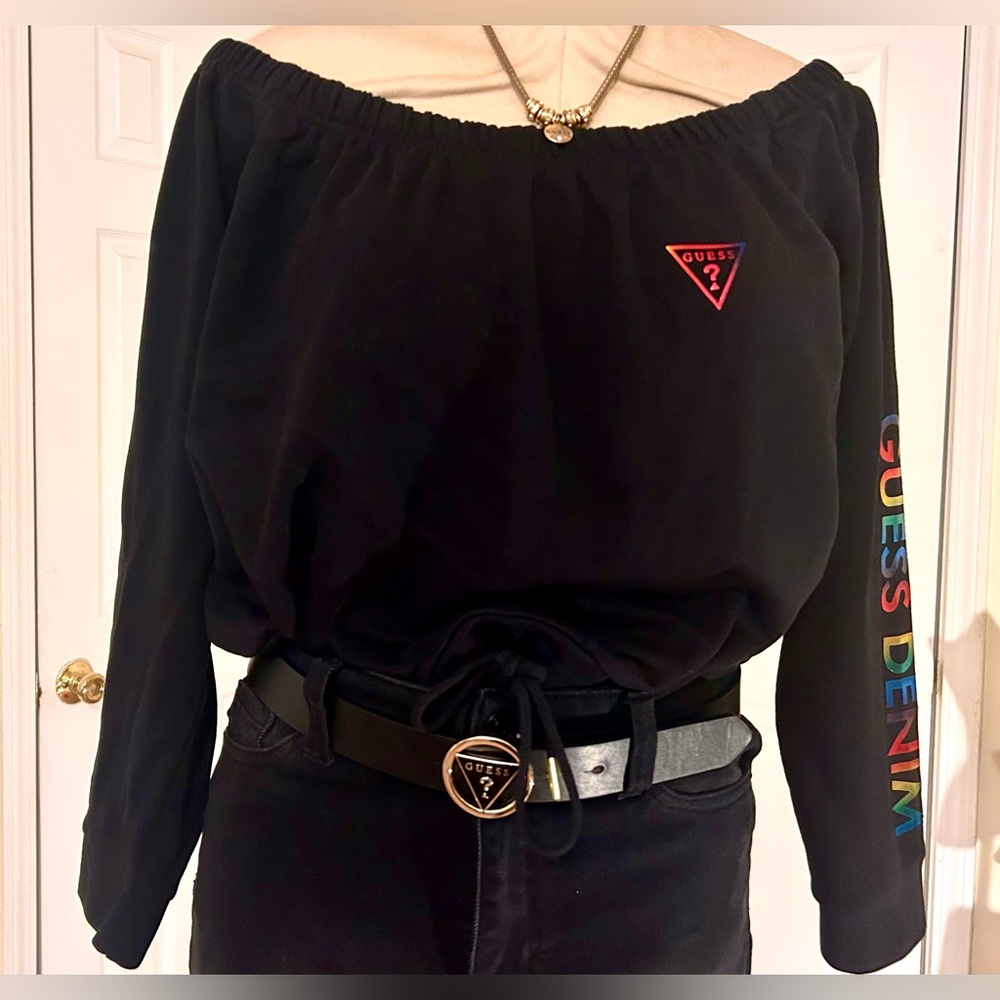 SALE•Guess Rainbow 🌈 Logo Crop Sweatshirt w Drawstring - Picture 3 of 15